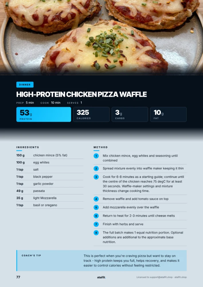 High-Protein Chicken Pizza Waffle, actual cookbook page 37