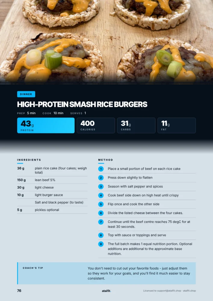 High-Protein Smash Rice Burgers, actual cookbook page 39